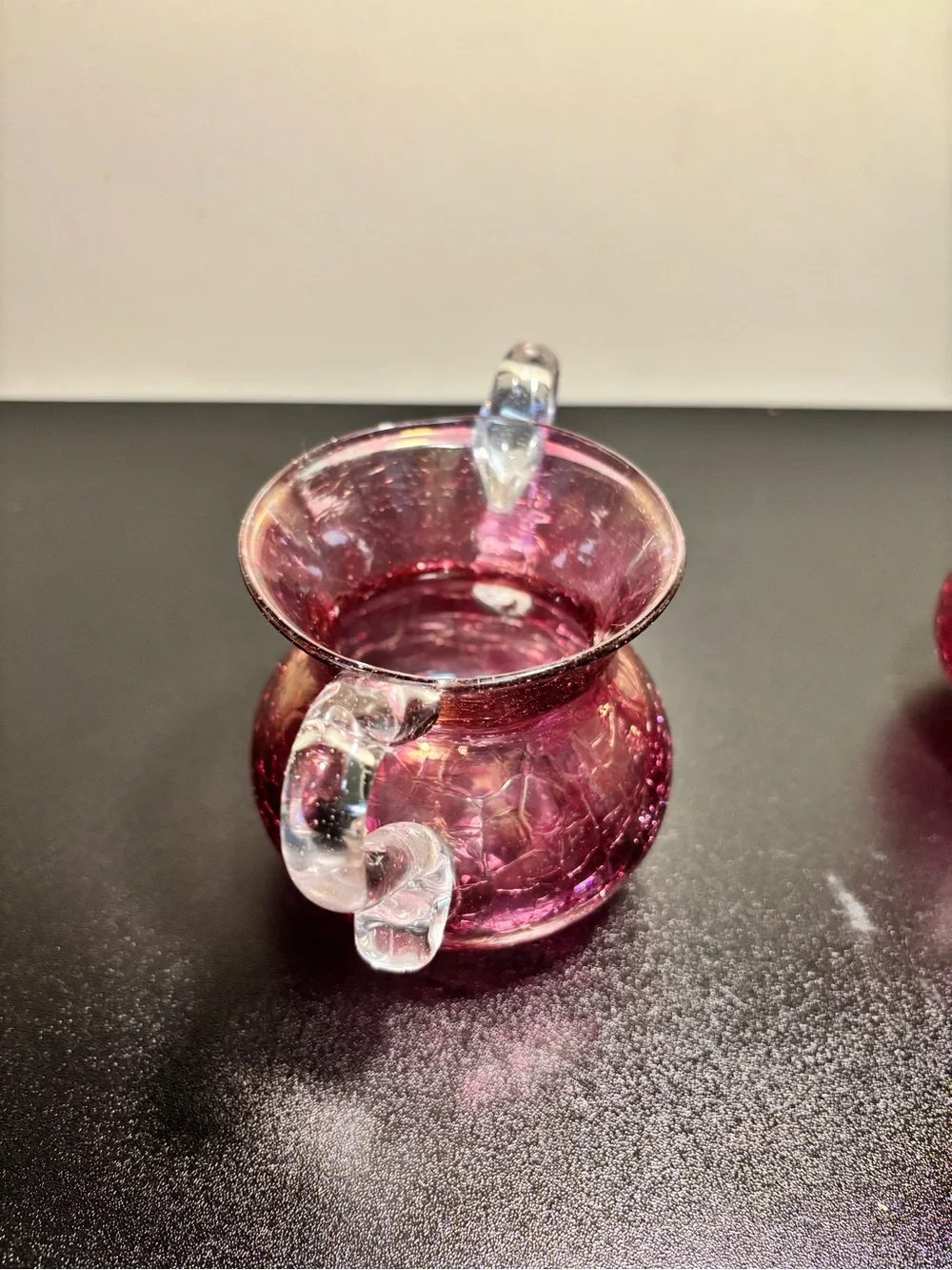 Handblown Cranberry Glass Creamer and Sugar Set with Clear Handles